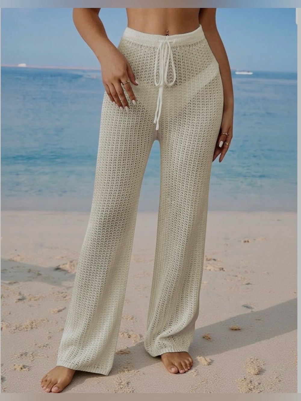 Time and Tru Cream Crochet Wide-Leg Drawstring Pants